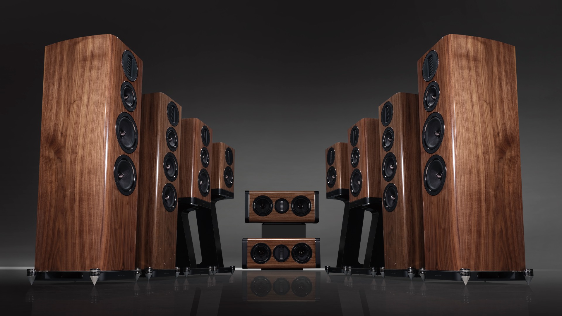 The new Wharfedale Aura series with six speakers and two stands (Image Credit: Wharfedale) 